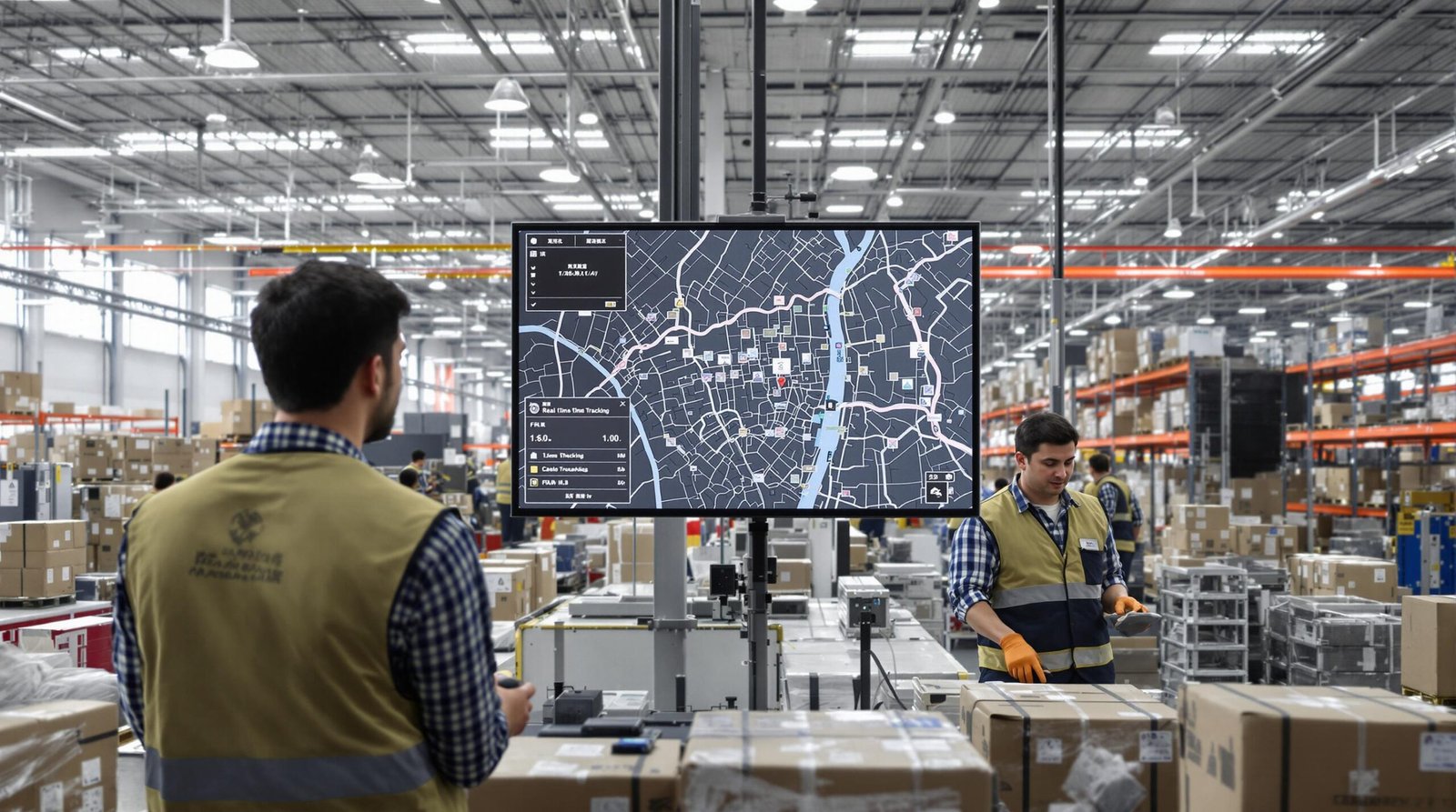 Warehouse staff use RFID scanners and monitor real-time shipments