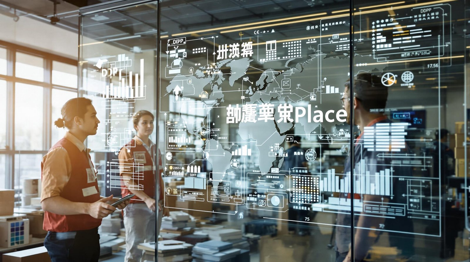 Multinational team discusses DDP logistics amid global trade screens