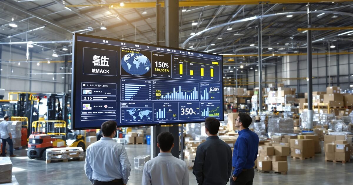 Warehouse managers review logistics costs on smart display in warehouse