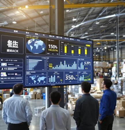 Warehouse managers review logistics costs on smart display in warehouse