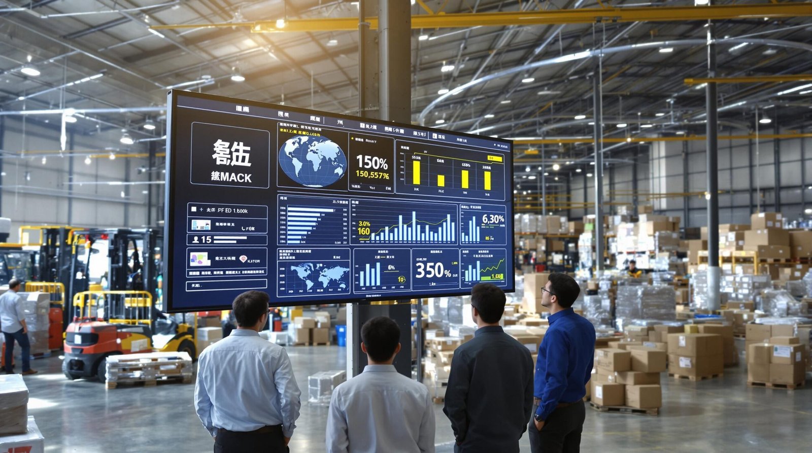Warehouse managers review logistics costs on smart display in warehouse
